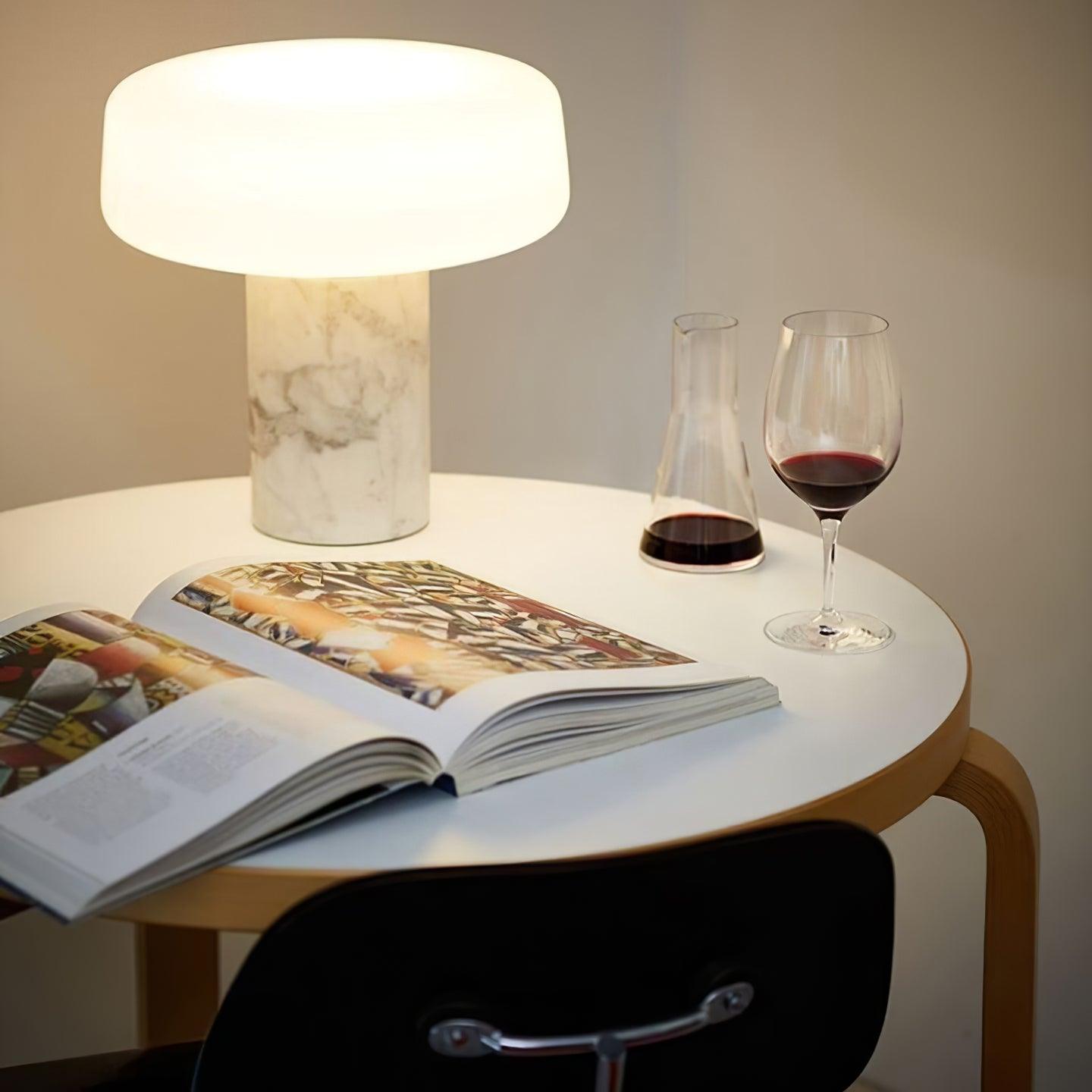 Modern Solid Marble Table Lamp with Hand Blown Glass Shade and Cylindrical Base Accent Lighting