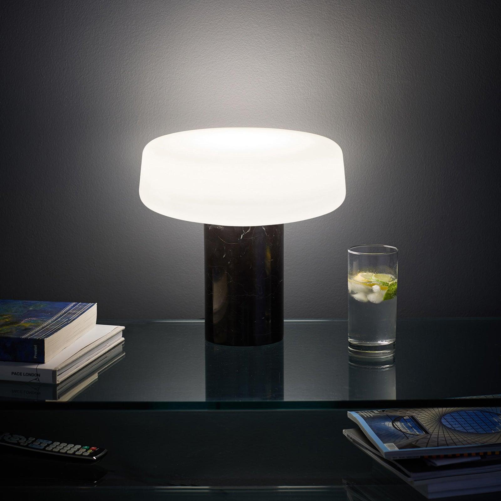 Modern Solid Marble Table Lamp with Hand Blown Glass Shade and Cylindrical Base Accent Lighting