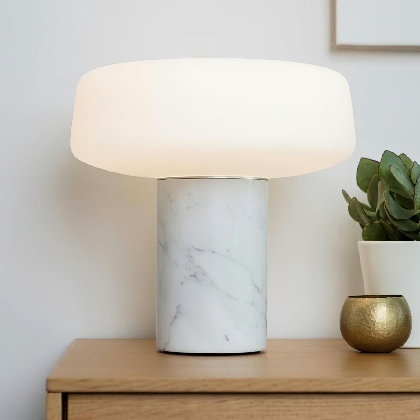 Modern Solid Marble Table Lamp with Hand Blown Glass Shade and Cylindrical Base Accent Lighting