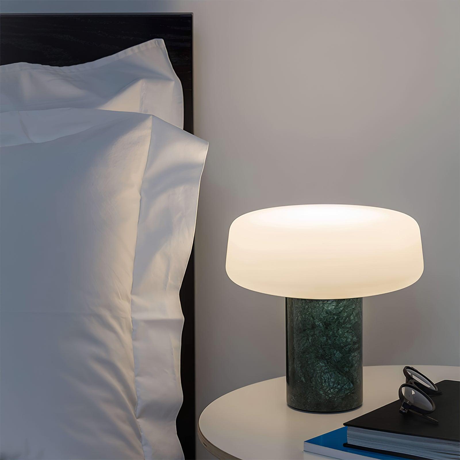 Modern Solid Marble Table Lamp with Hand Blown Glass Shade and Cylindrical Base Accent Lighting