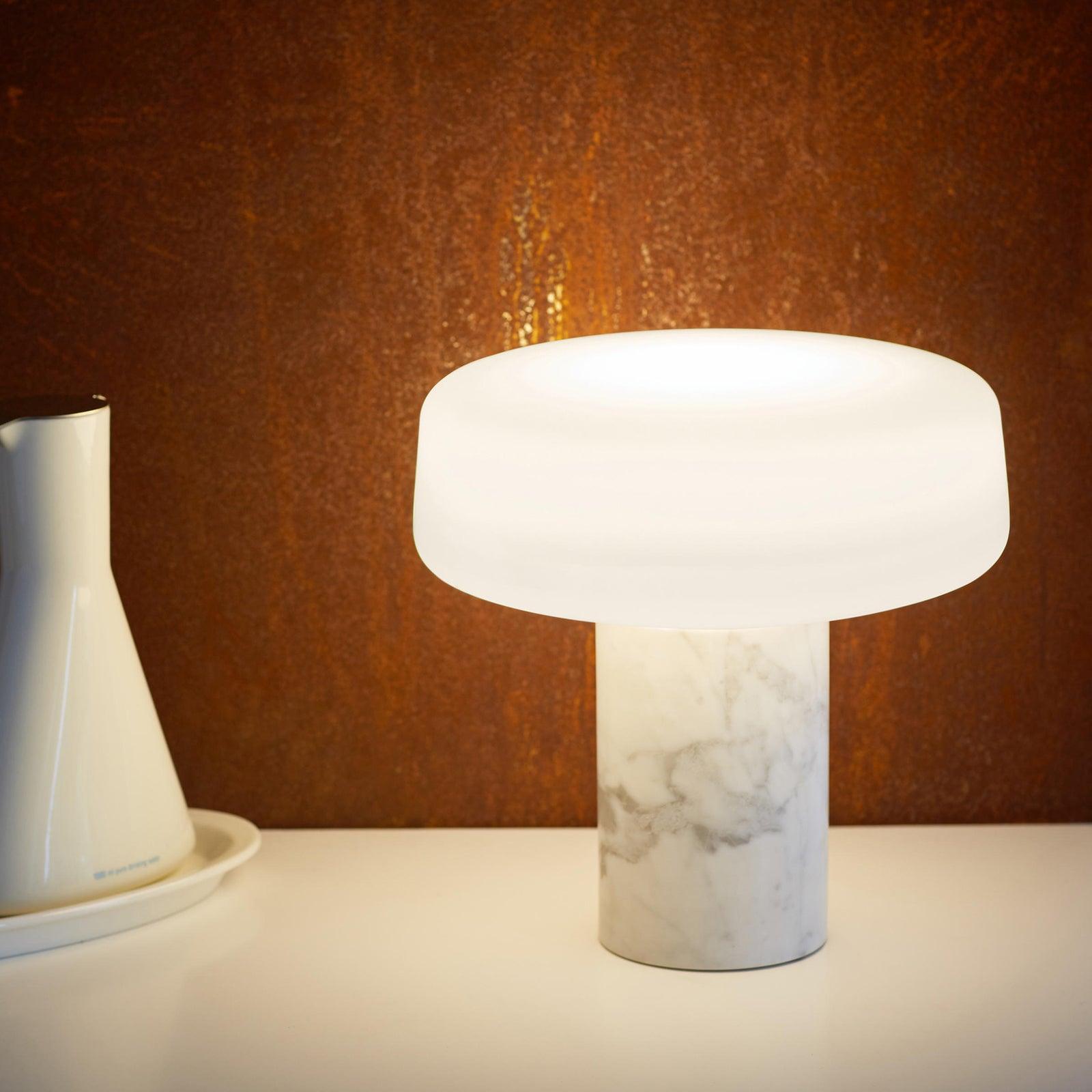 Modern Solid Marble Table Lamp with Hand Blown Glass Shade and Cylindrical Base Accent Lighting