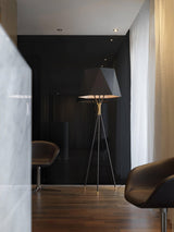 Modern Solitaire Tripod Floor Lamp with Faceted Shade and Brass Tipped Legs