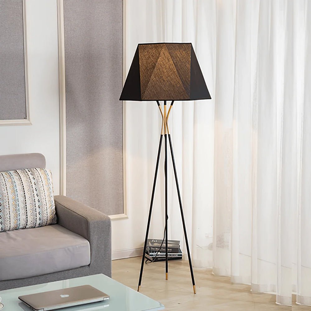 Modern Solitaire Tripod Floor Lamp with Faceted Shade and Brass Tipped Legs