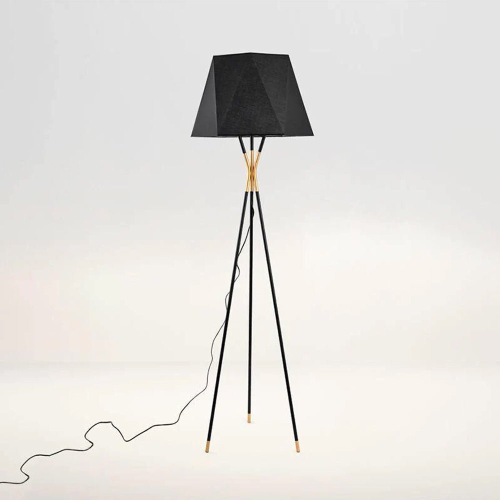 Modern Solitaire Tripod Floor Lamp with Faceted Shade and Brass Tipped Legs