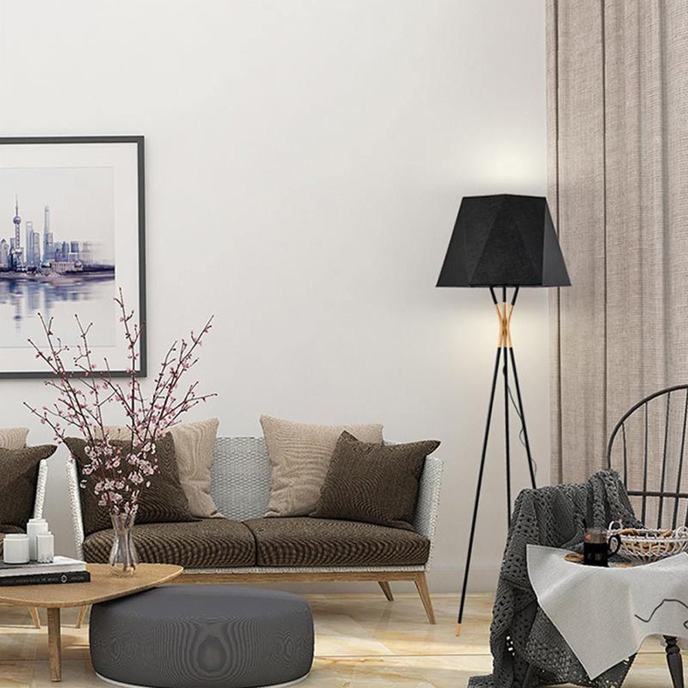 Modern Solitaire Tripod Floor Lamp with Faceted Shade and Brass Tipped Legs