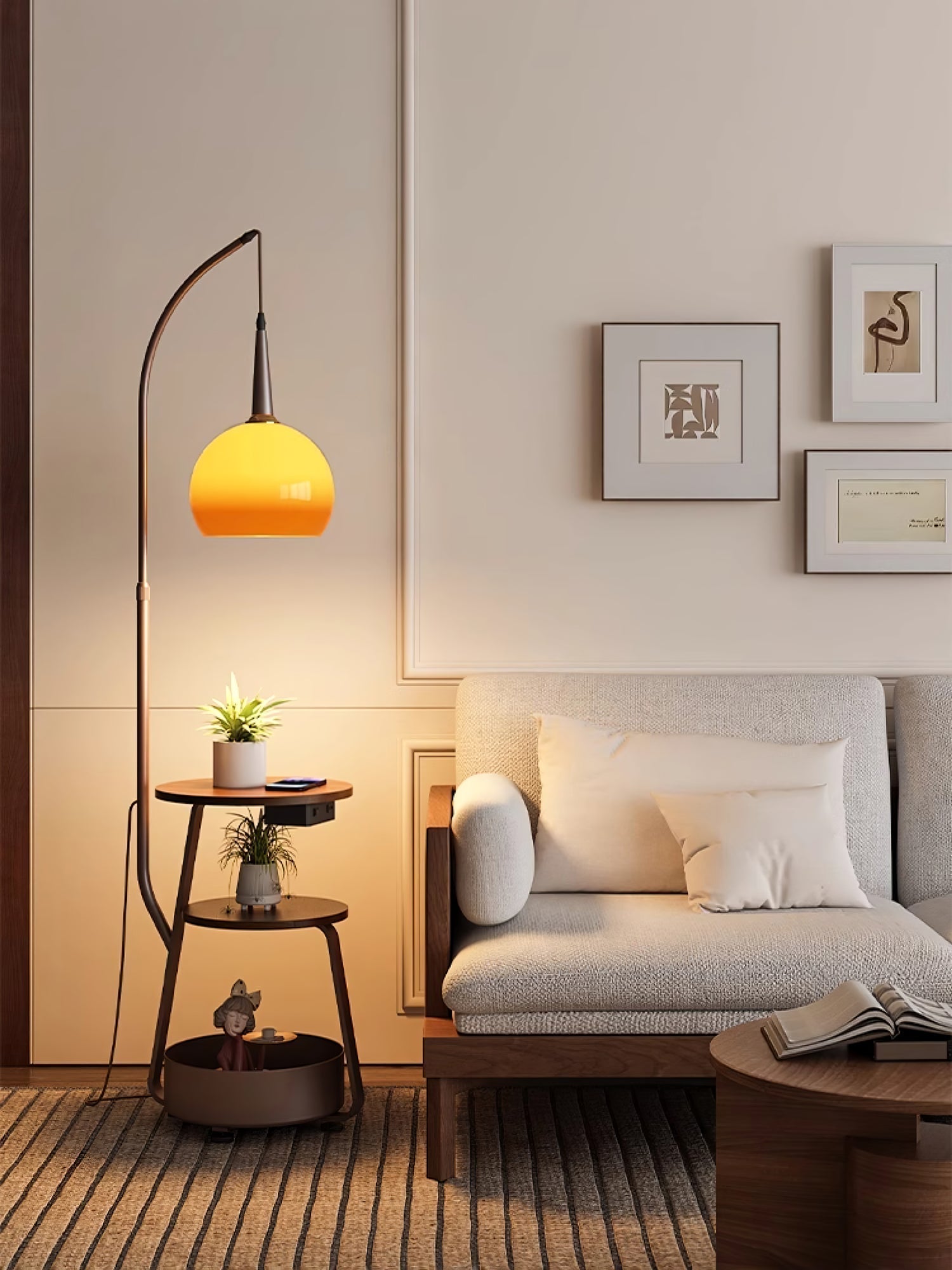 Modern Arched Floor Lamp with Two Tier Wooden Shelves and Gradient Glass Shade for Living Rooms