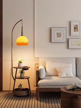 Modern Arched Floor Lamp with Two Tier Wooden Shelves and Gradient Glass Shade for Living Rooms
