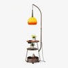 Modern Arched Floor Lamp with Two Tier Wooden Shelves and Gradient Glass Shade for Living Rooms