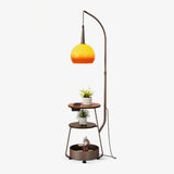 Modern Arched Floor Lamp with Two Tier Wooden Shelves and Gradient Glass Shade for Living Rooms