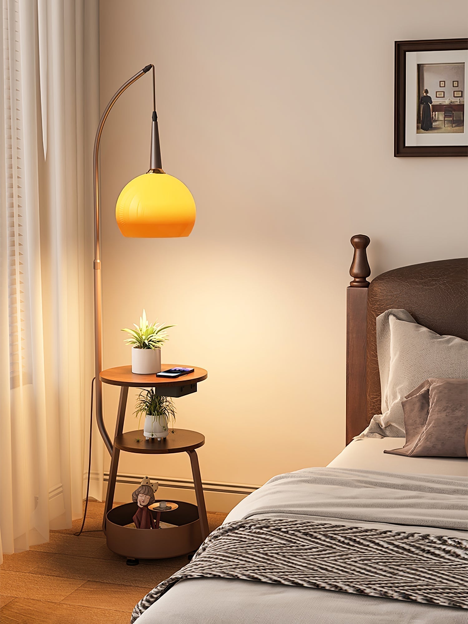 Modern Arched Floor Lamp with Two Tier Wooden Shelves and Gradient Glass Shade for Living Rooms