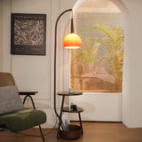 Modern Arched Floor Lamp with Two Tier Wooden Shelves and Gradient Glass Shade for Living Rooms