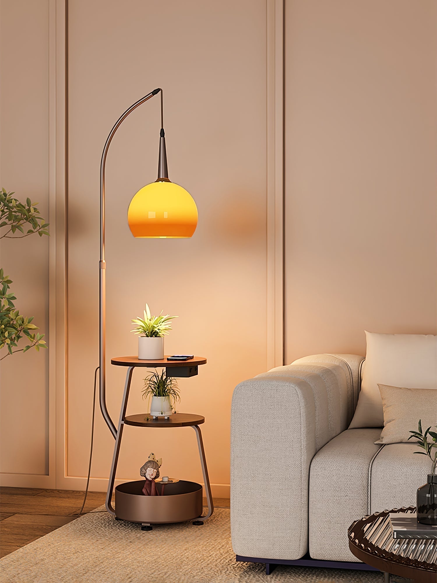 Modern Arched Floor Lamp with Two Tier Wooden Shelves and Gradient Glass Shade for Living Rooms