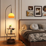 Modern Arched Floor Lamp with Two Tier Wooden Shelves and Gradient Glass Shade for Living Rooms