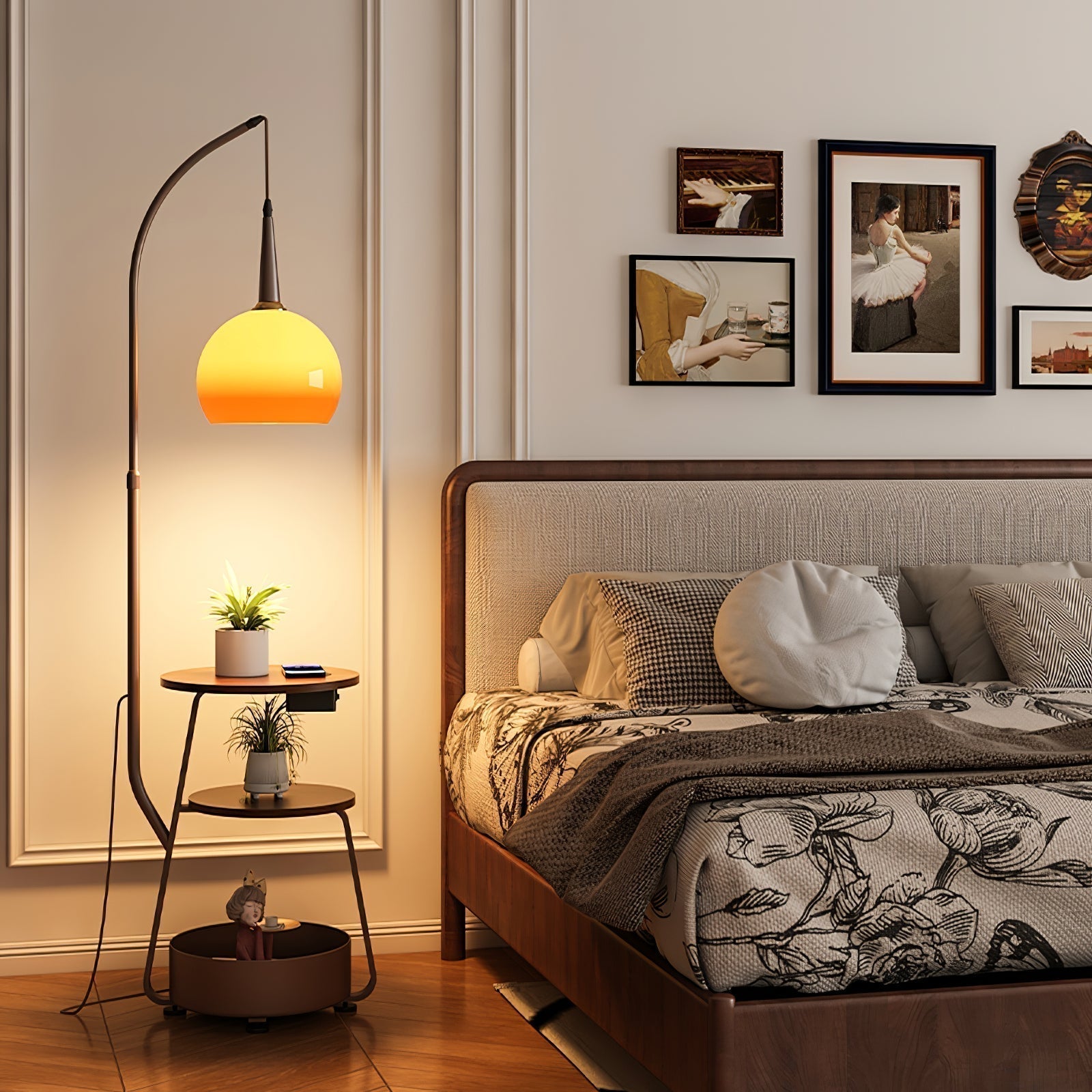 Modern Arched Floor Lamp with Two Tier Wooden Shelves and Gradient Glass Shade for Living Rooms