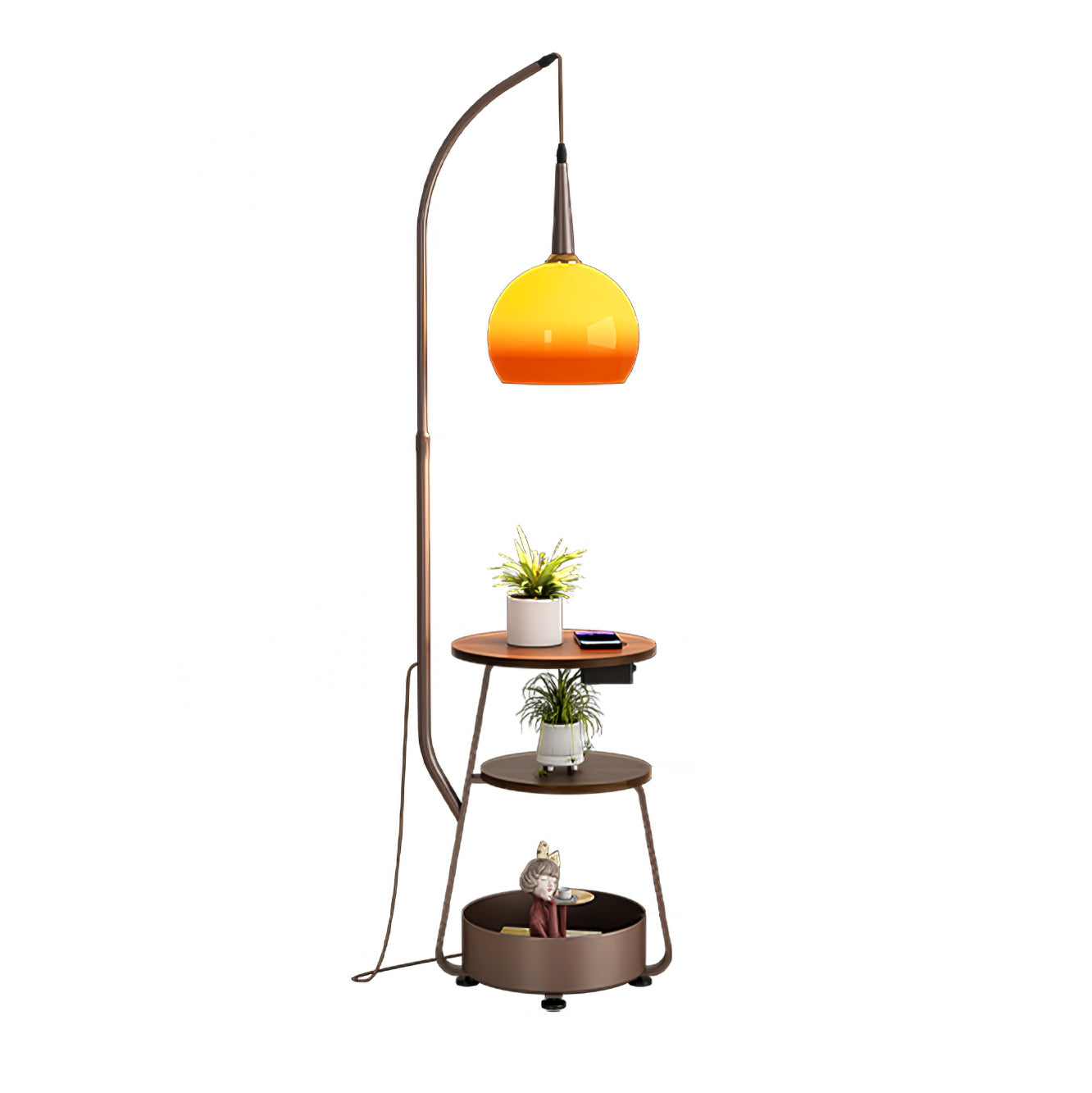 Modern Arched Floor Lamp with Two Tier Wooden Shelves and Gradient Glass Shade for Living Rooms