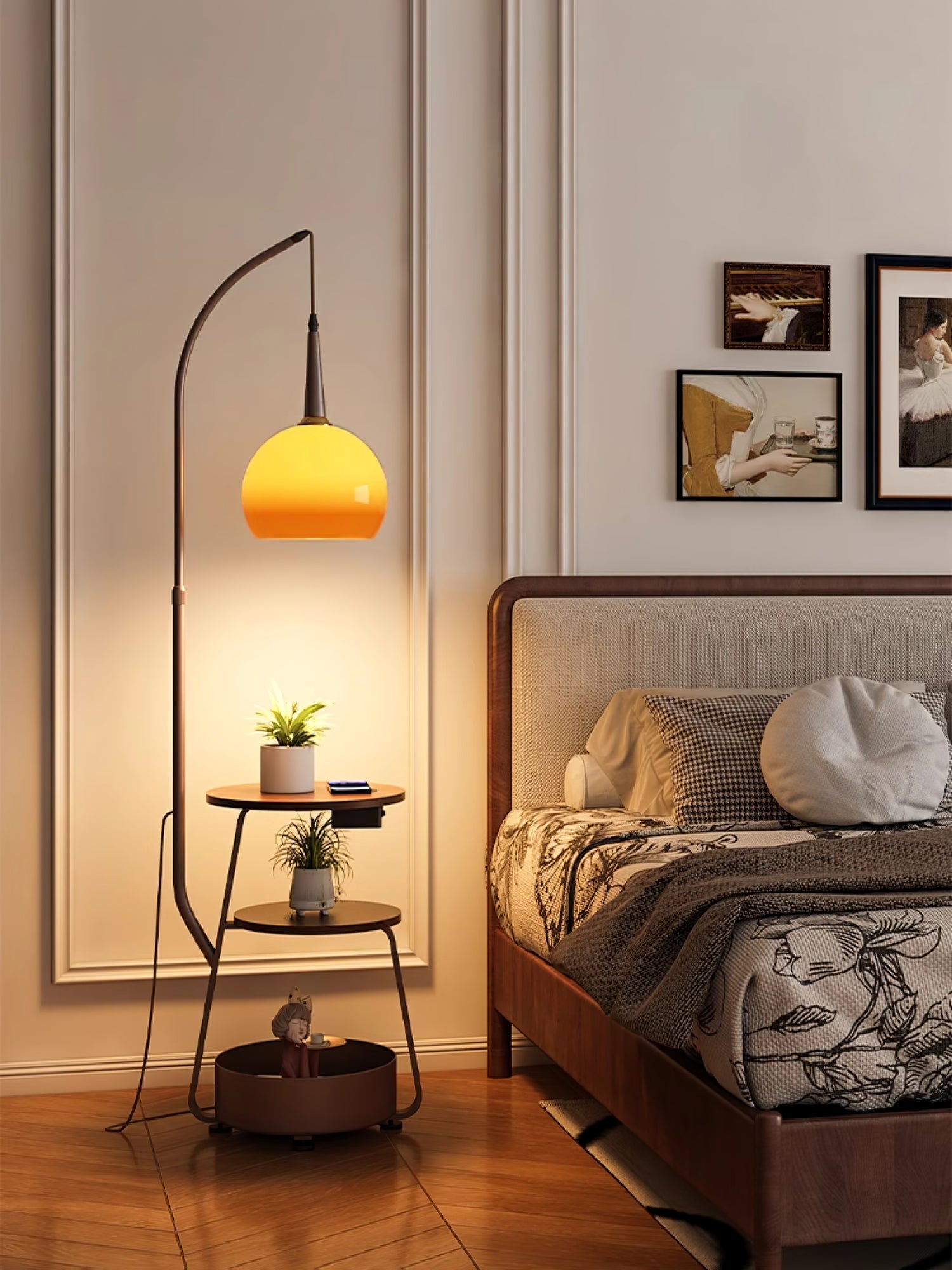Modern Arched Floor Lamp with Two Tier Wooden Shelves and Gradient Glass Shade for Living Rooms