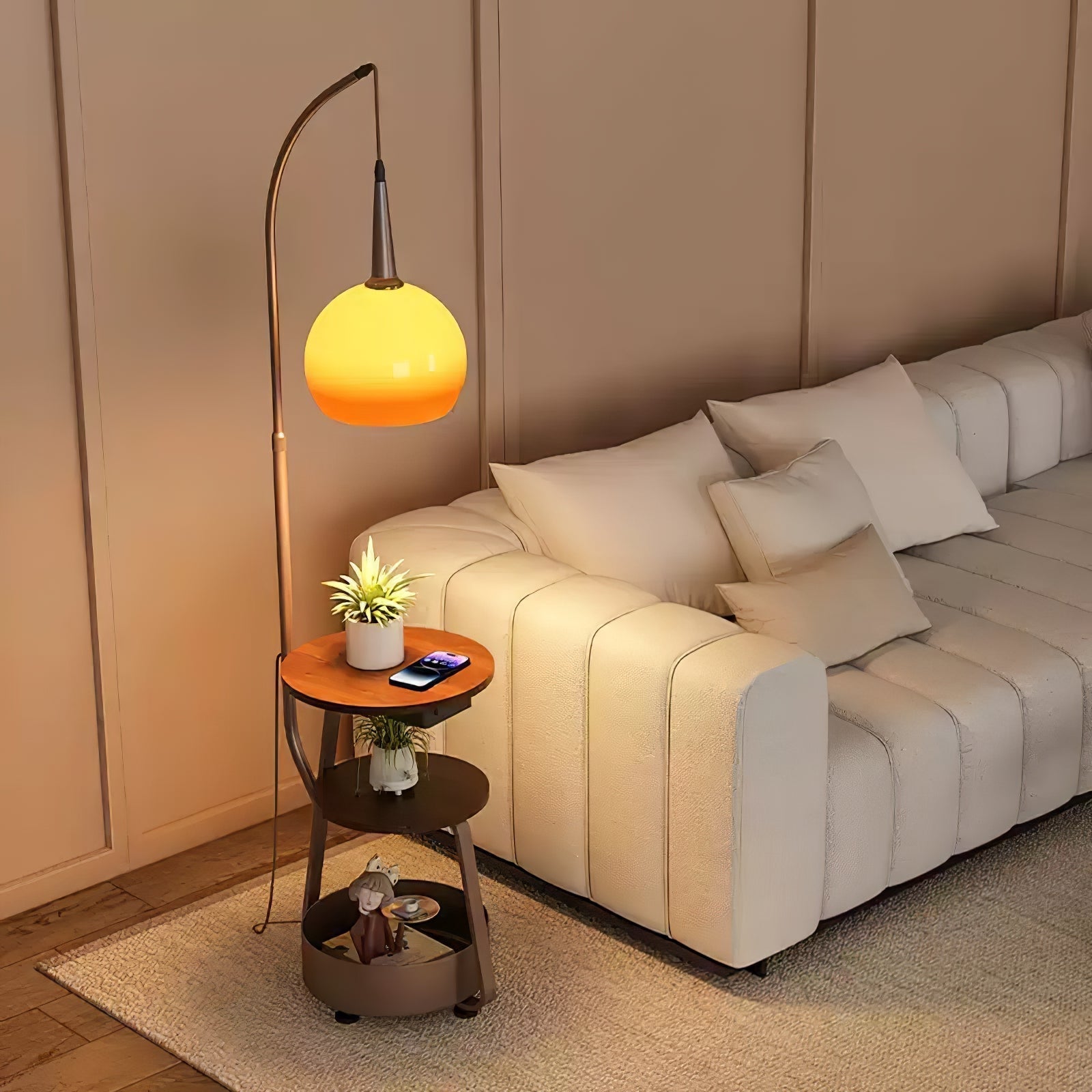 Modern Arched Floor Lamp with Two Tier Wooden Shelves and Gradient Glass Shade for Living Rooms