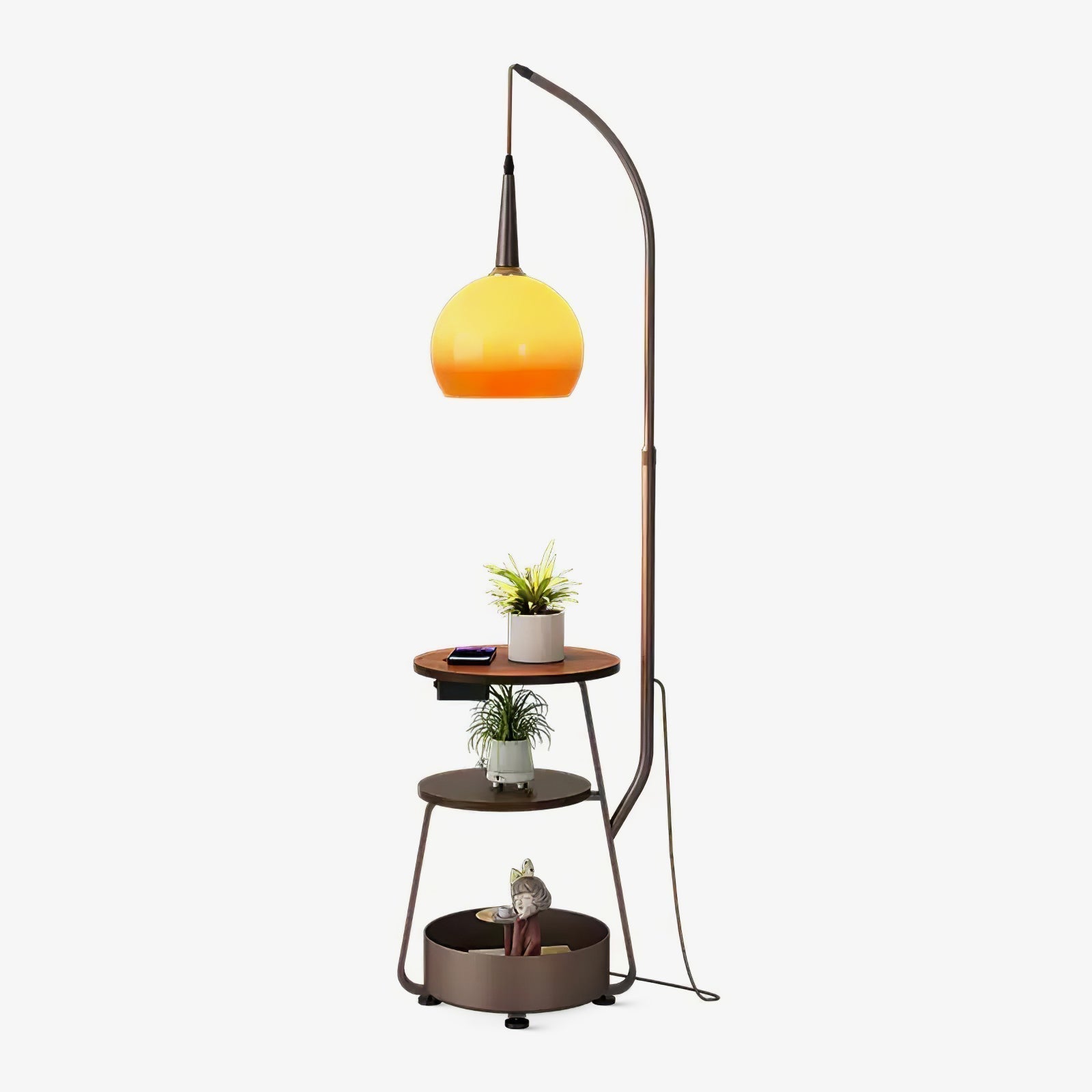 Modern Arched Floor Lamp with Two Tier Wooden Shelves and Gradient Glass Shade for Living Rooms