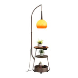 Modern Arched Floor Lamp with Two Tier Wooden Shelves and Gradient Glass Shade for Living Rooms