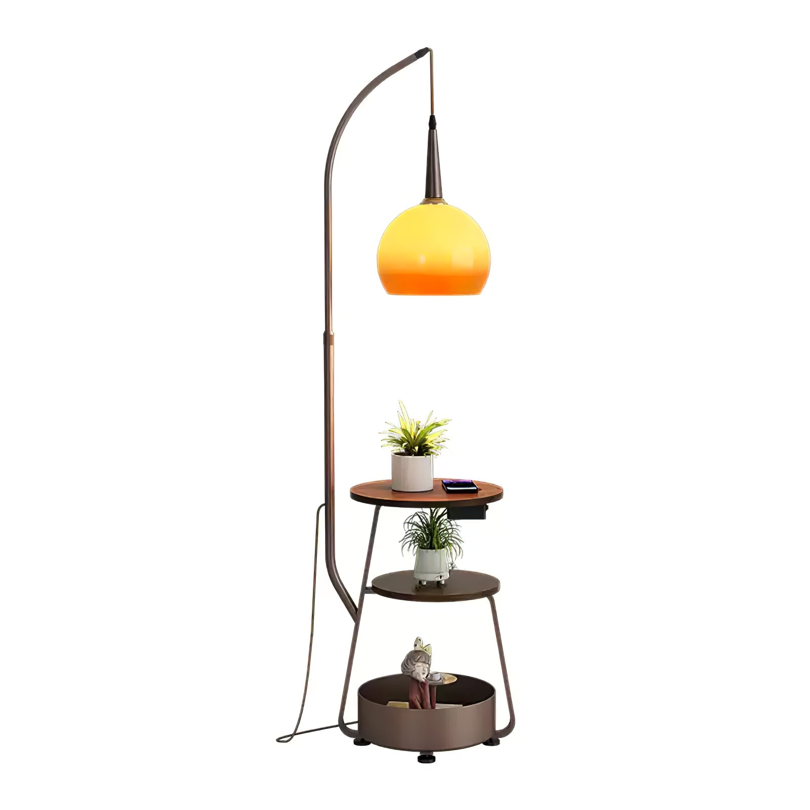 Modern Arched Floor Lamp with Two Tier Wooden Shelves and Gradient Glass Shade for Living Rooms