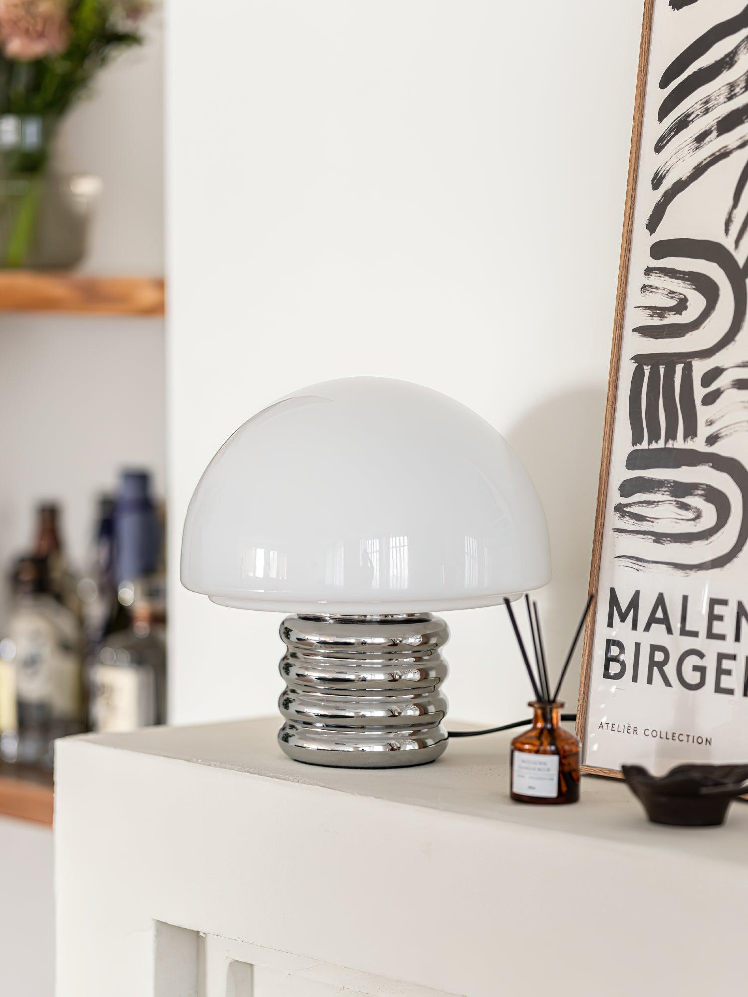 Modern Space Age Mushroom Table Lamp with Chrome Finish and White Glass Shade