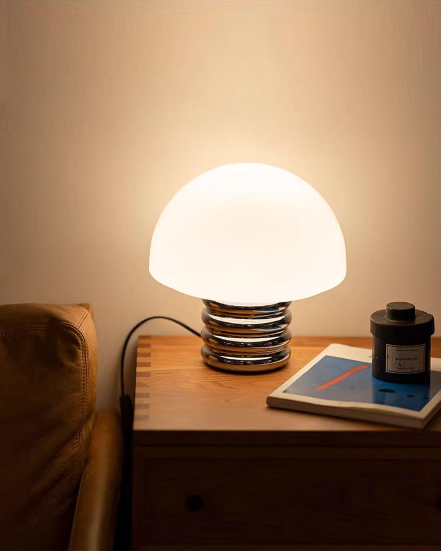 Modern Space Age Mushroom Table Lamp with Chrome Finish and White Glass Shade