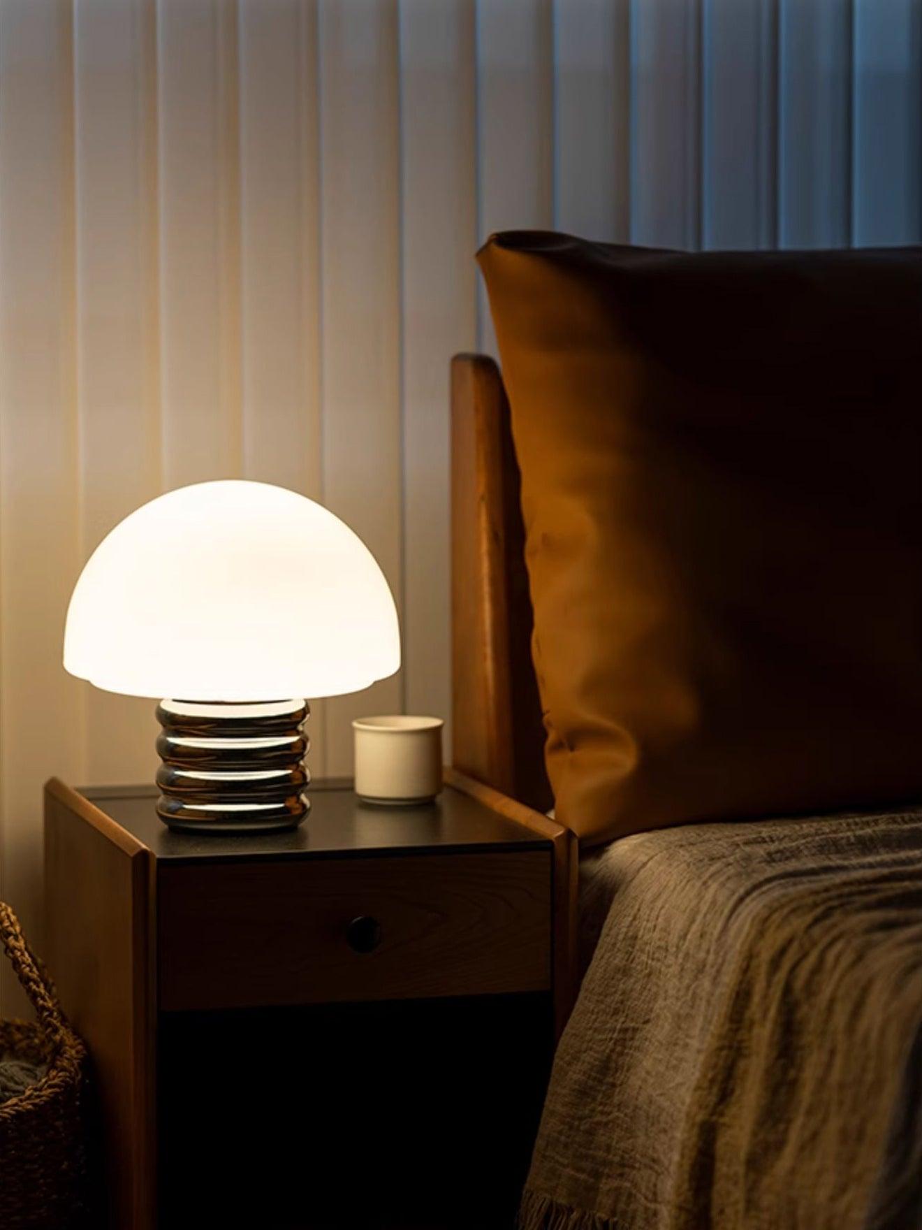 Modern Space Age Mushroom Table Lamp with Chrome Finish and White Glass Shade