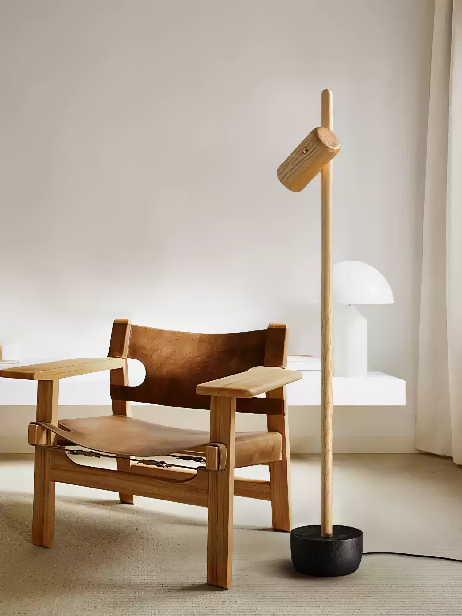 Modern Industrial Spotlight Wood Floor Lamp with Adjustable Head and Solid Base