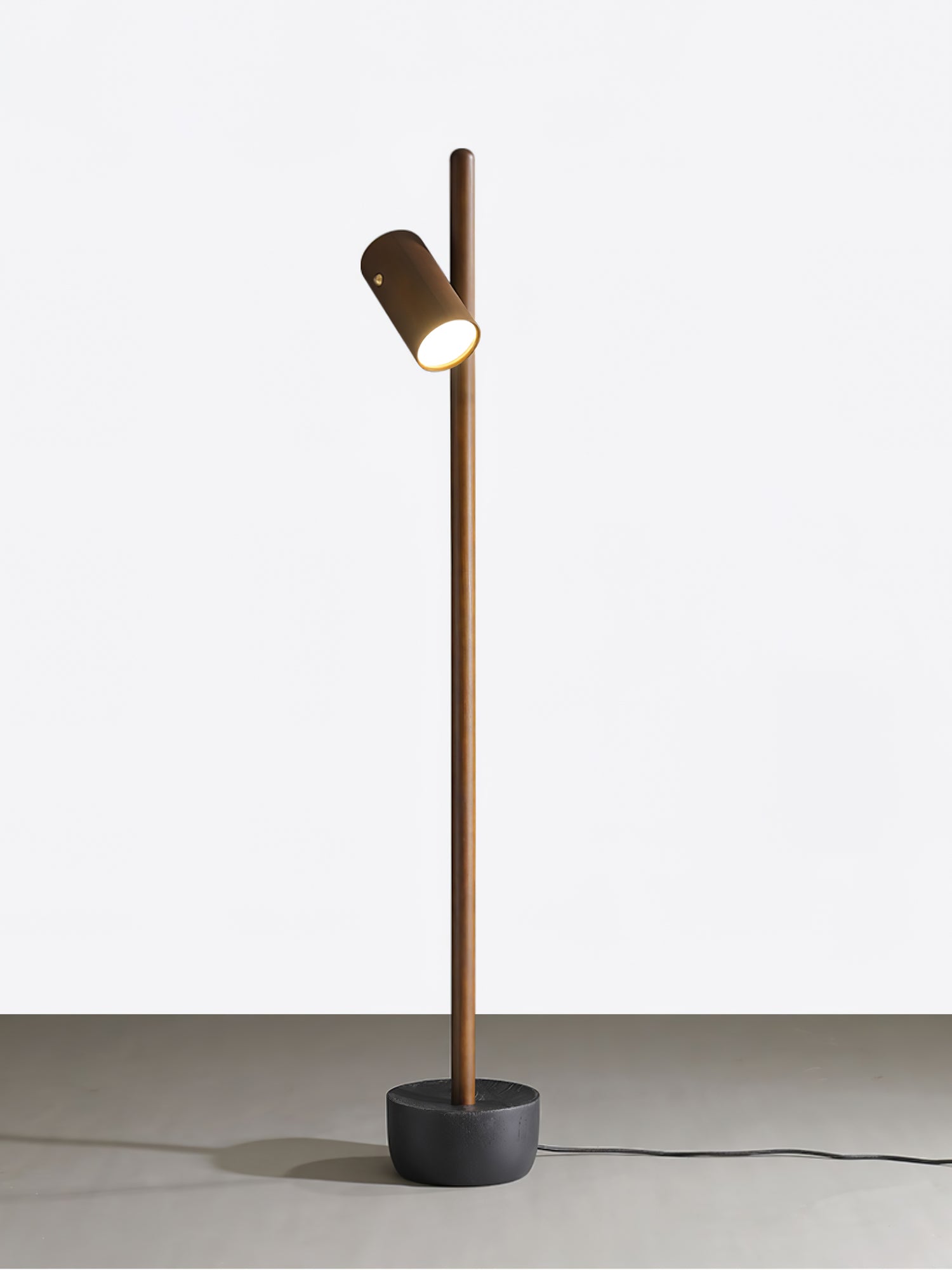 Modern Industrial Spotlight Wood Floor Lamp with Adjustable Head and Solid Base