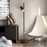 Modern Industrial Spotlight Wood Floor Lamp with Adjustable Head and Solid Base