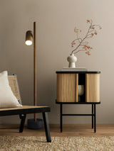 Modern Industrial Spotlight Wood Floor Lamp with Adjustable Head and Solid Base