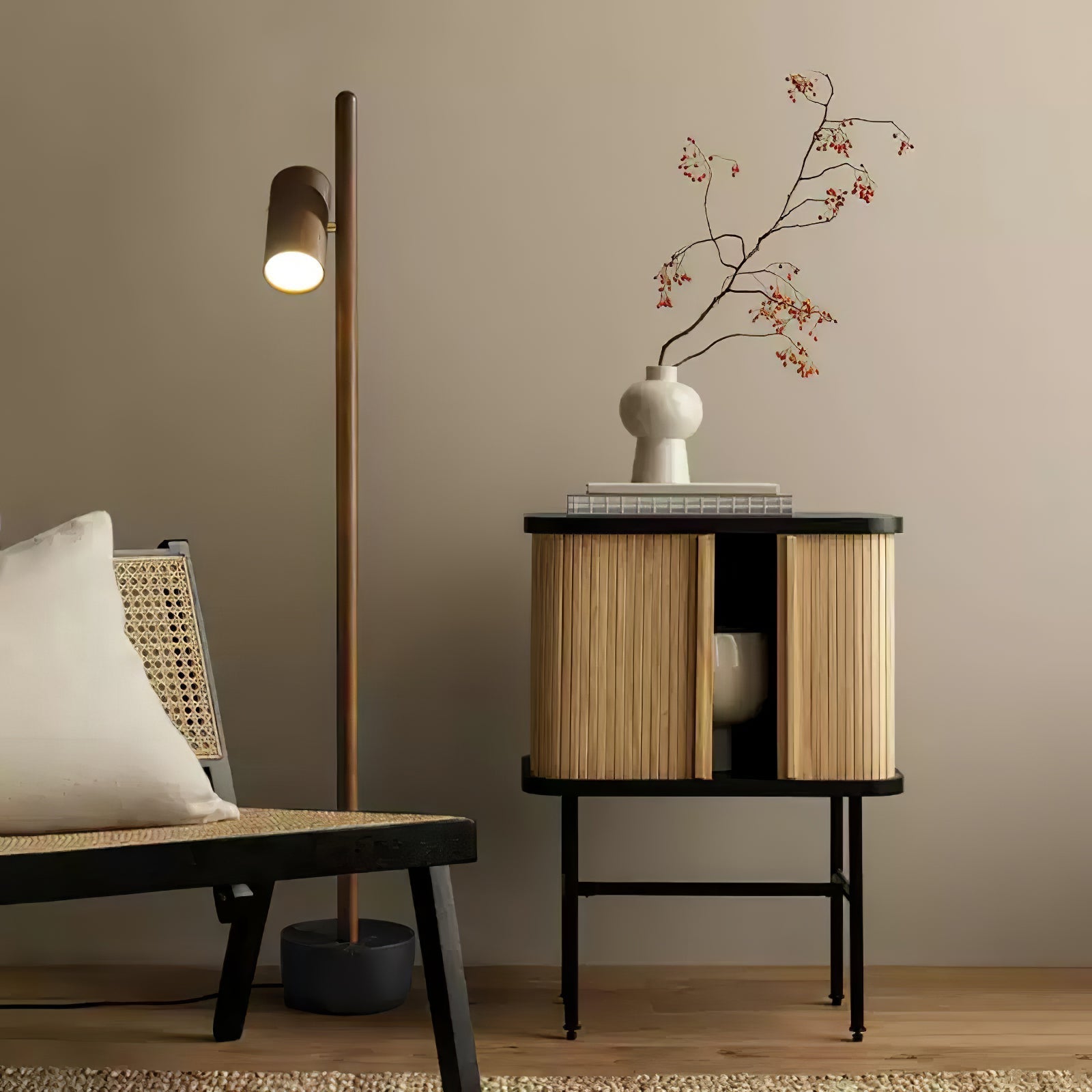 Modern Industrial Spotlight Wood Floor Lamp with Adjustable Head and Solid Base