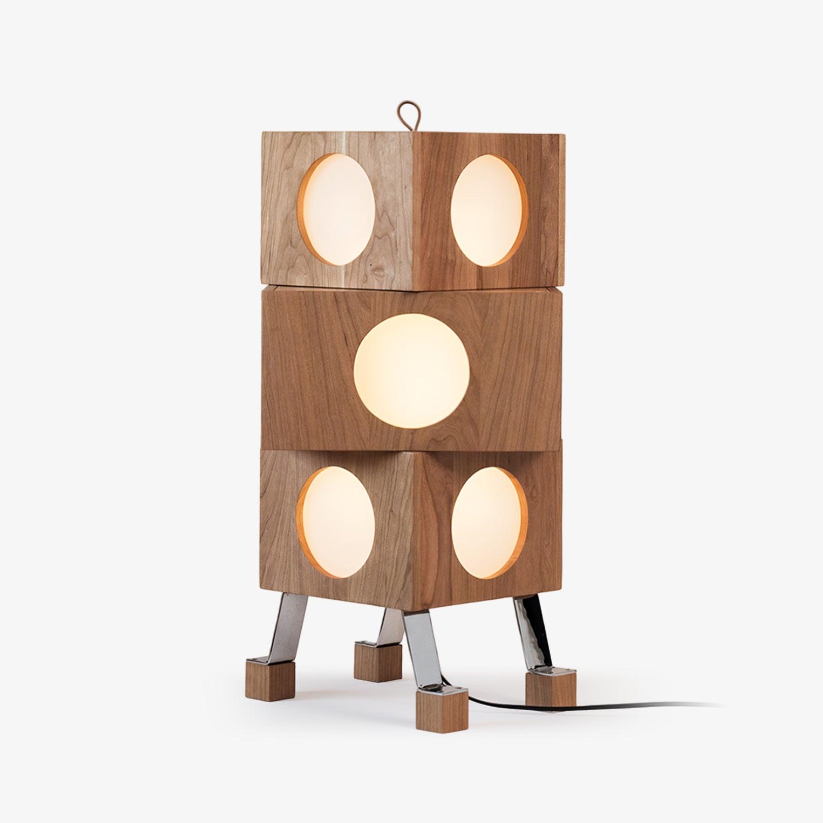 Modern Cherry Wood Square Robot Floor Lamp with Stainless Steel Frame and PC Shade