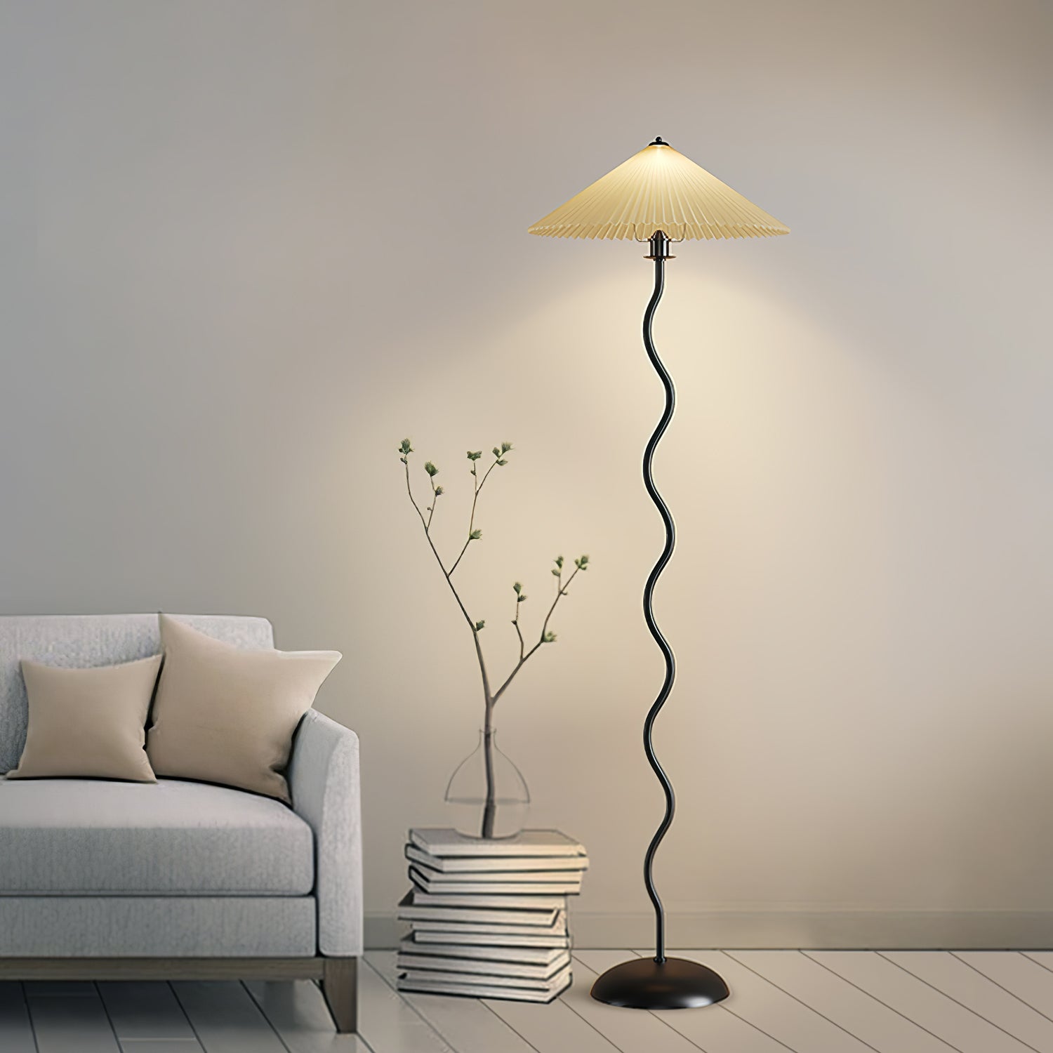Modern Wavy Squiggle Tall Floor Lamp with Pleated Fabric Shade and Metal Base