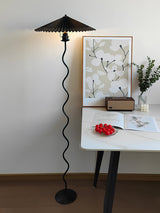 Modern Wavy Squiggle Tall Floor Lamp with Pleated Fabric Shade and Metal Base
