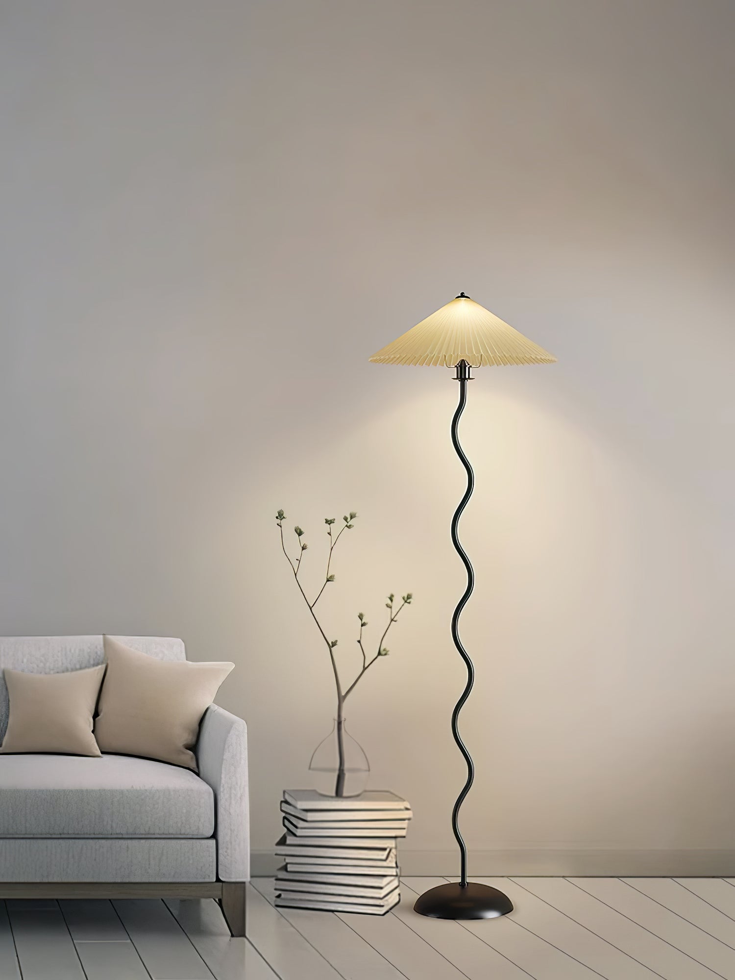 Modern Wavy Squiggle Tall Floor Lamp with Pleated Fabric Shade and Metal Base