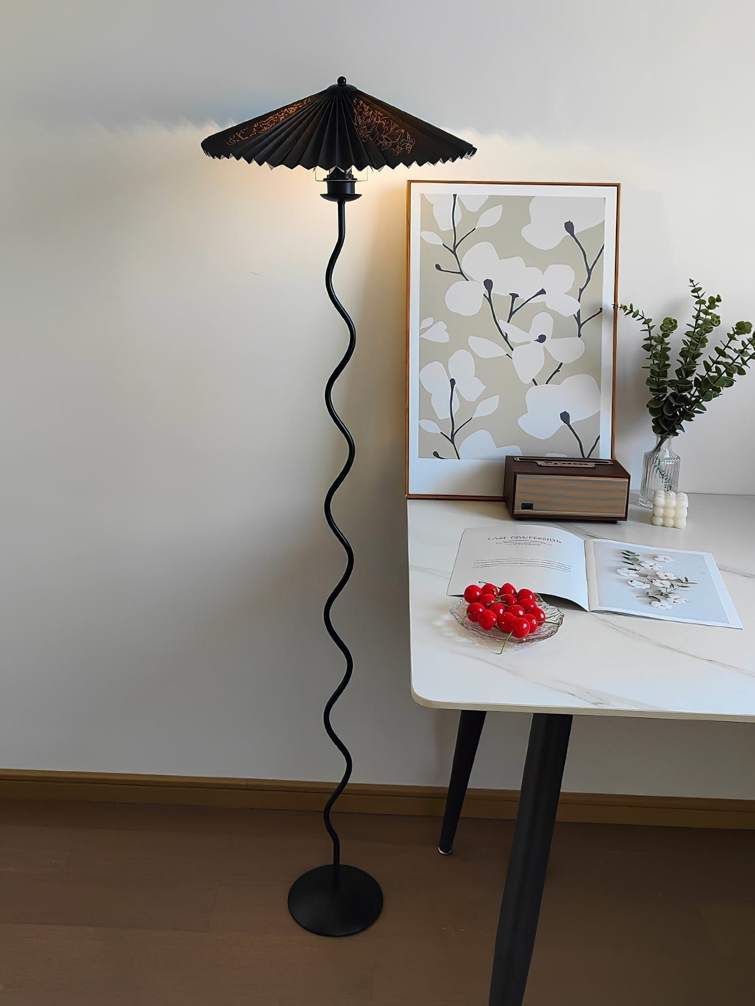 Modern Wavy Squiggle Tall Floor Lamp with Pleated Fabric Shade and Metal Base