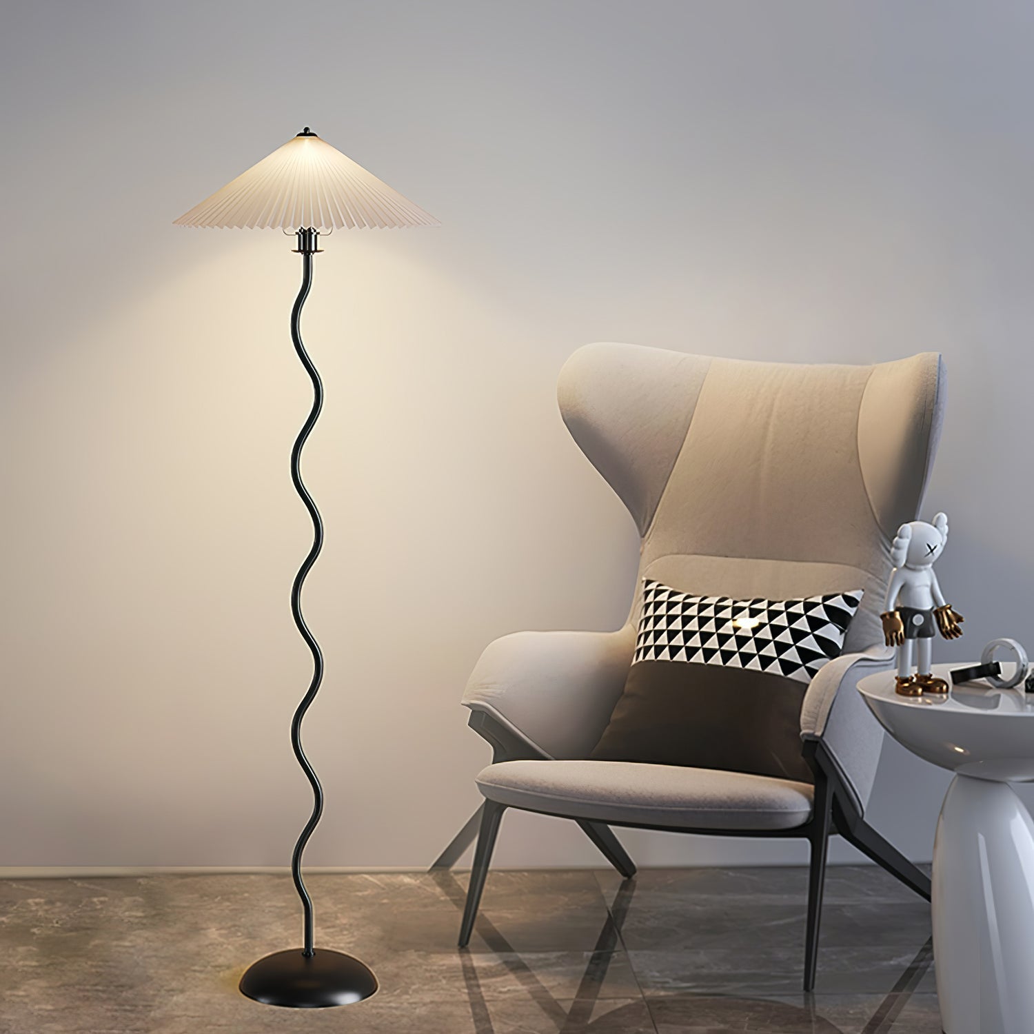 Modern Wavy Squiggle Tall Floor Lamp with Pleated Fabric Shade and Metal Base