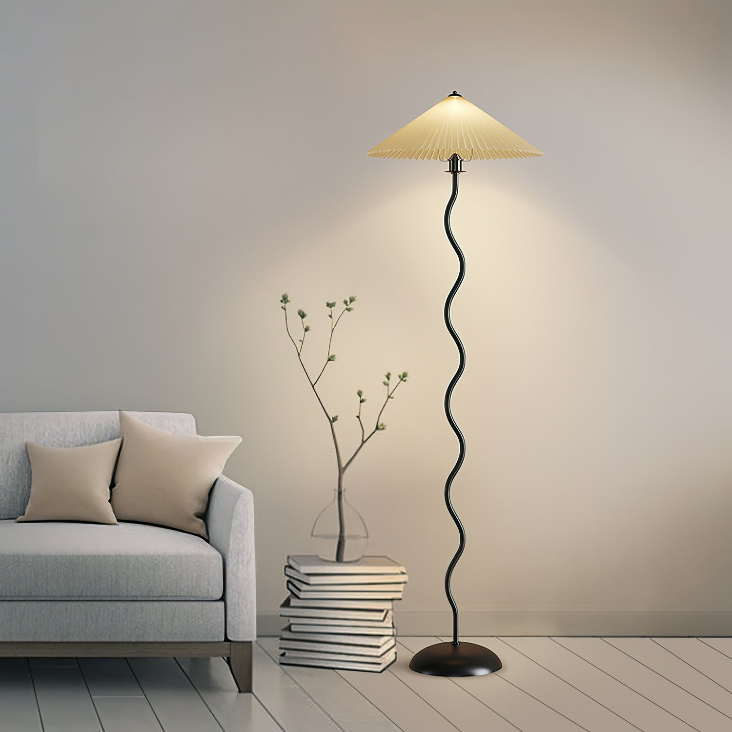 Modern Wavy Squiggle Tall Floor Lamp with Pleated Fabric Shade and Metal Base