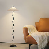 Modern Wavy Squiggle Tall Floor Lamp with Pleated Fabric Shade and Metal Base