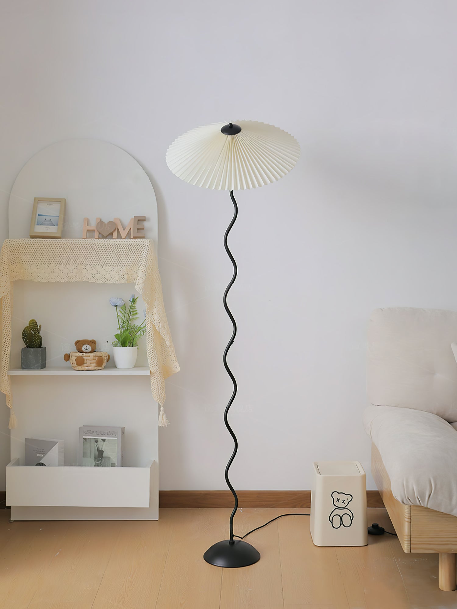 Modern Wavy Squiggle Tall Floor Lamp with Pleated Fabric Shade and Metal Base