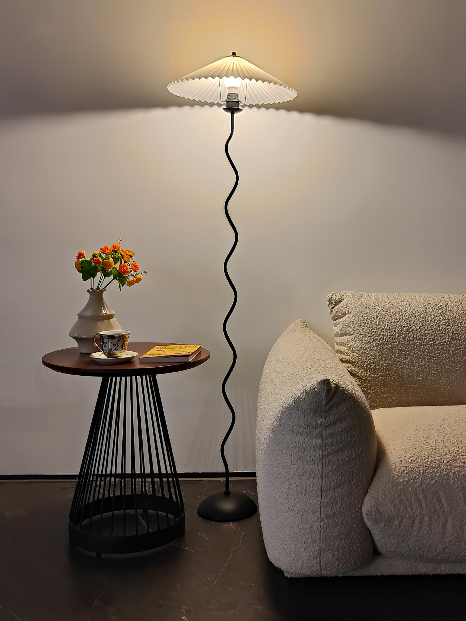 Modern Wavy Squiggle Tall Floor Lamp with Pleated Fabric Shade and Metal Base