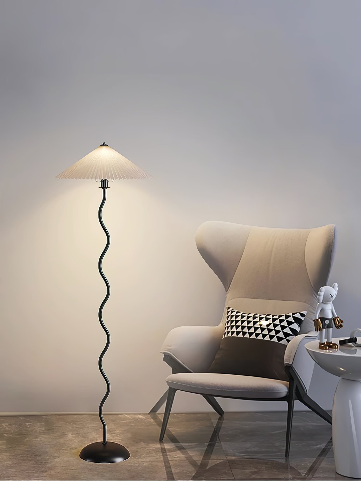 Modern Wavy Squiggle Tall Floor Lamp with Pleated Fabric Shade and Metal Base