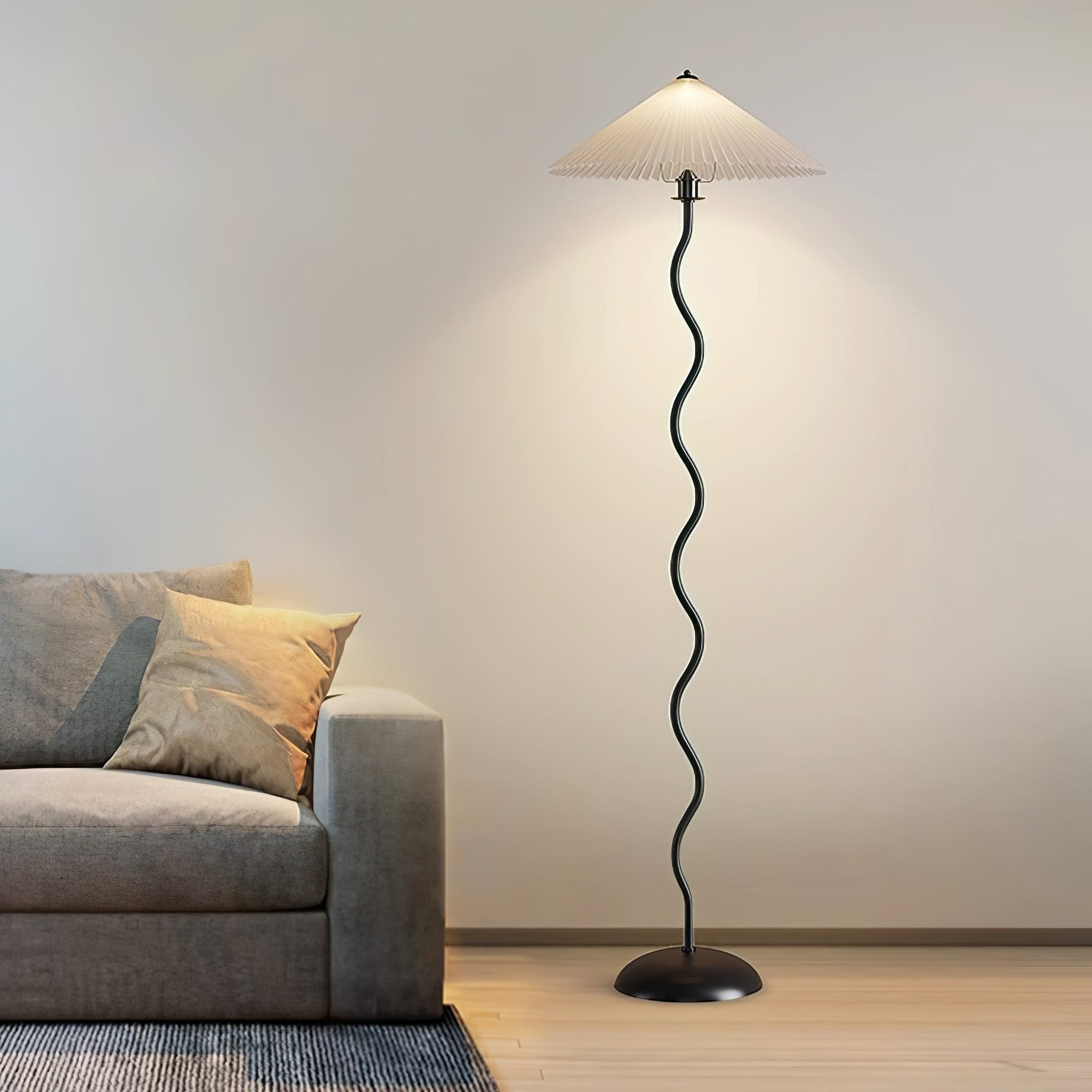 Modern Wavy Squiggle Tall Floor Lamp with Pleated Fabric Shade and Metal Base