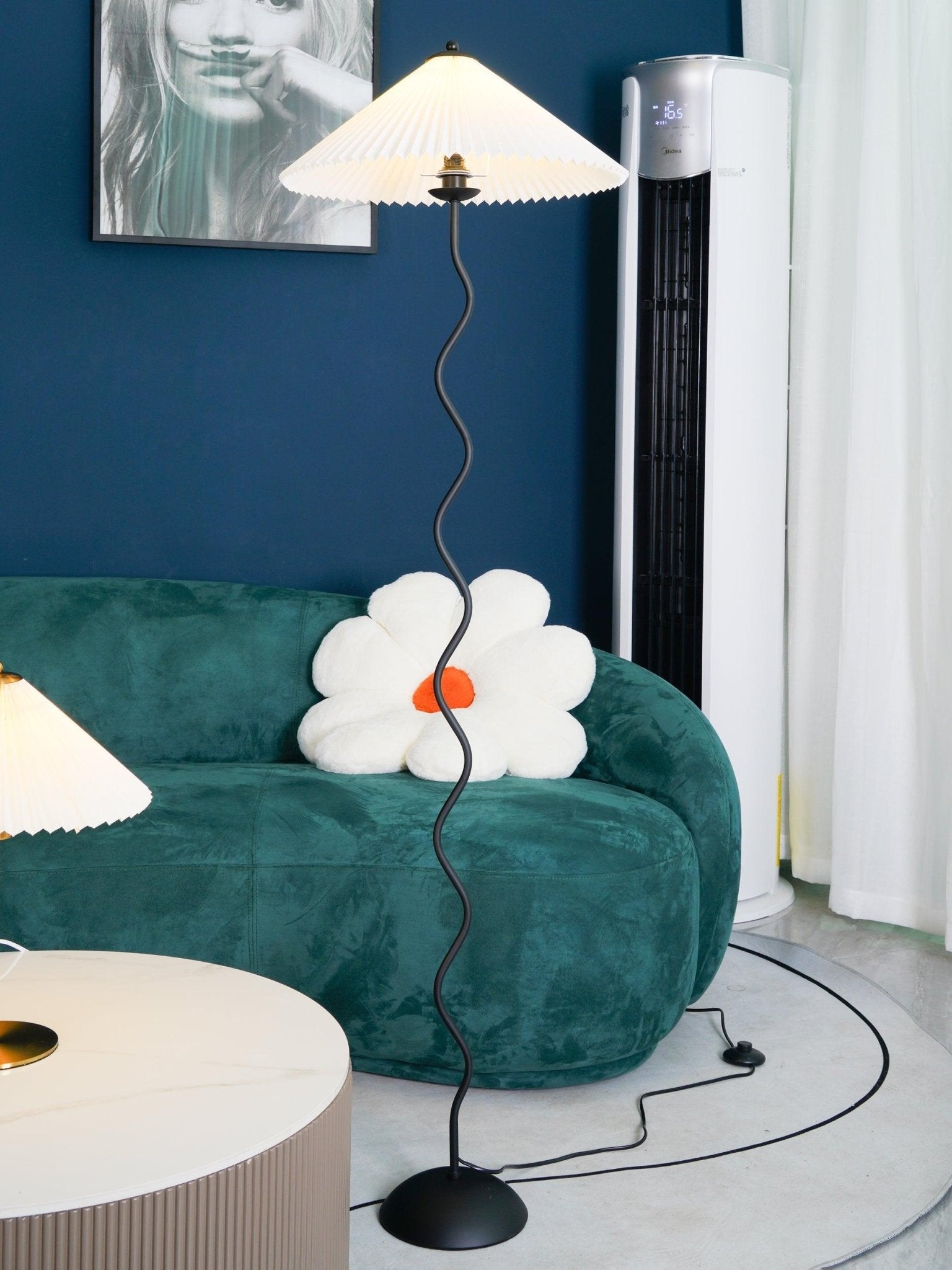 Modern Wavy Squiggle Tall Floor Lamp with Pleated Fabric Shade and Metal Base
