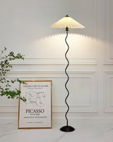 Modern Wavy Squiggle Tall Floor Lamp with Pleated Fabric Shade and Metal Base