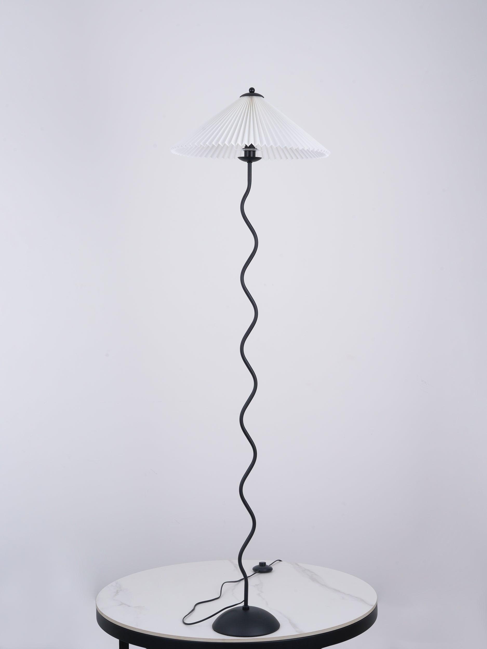 Modern Wavy Squiggle Tall Floor Lamp with Pleated Fabric Shade and Metal Base