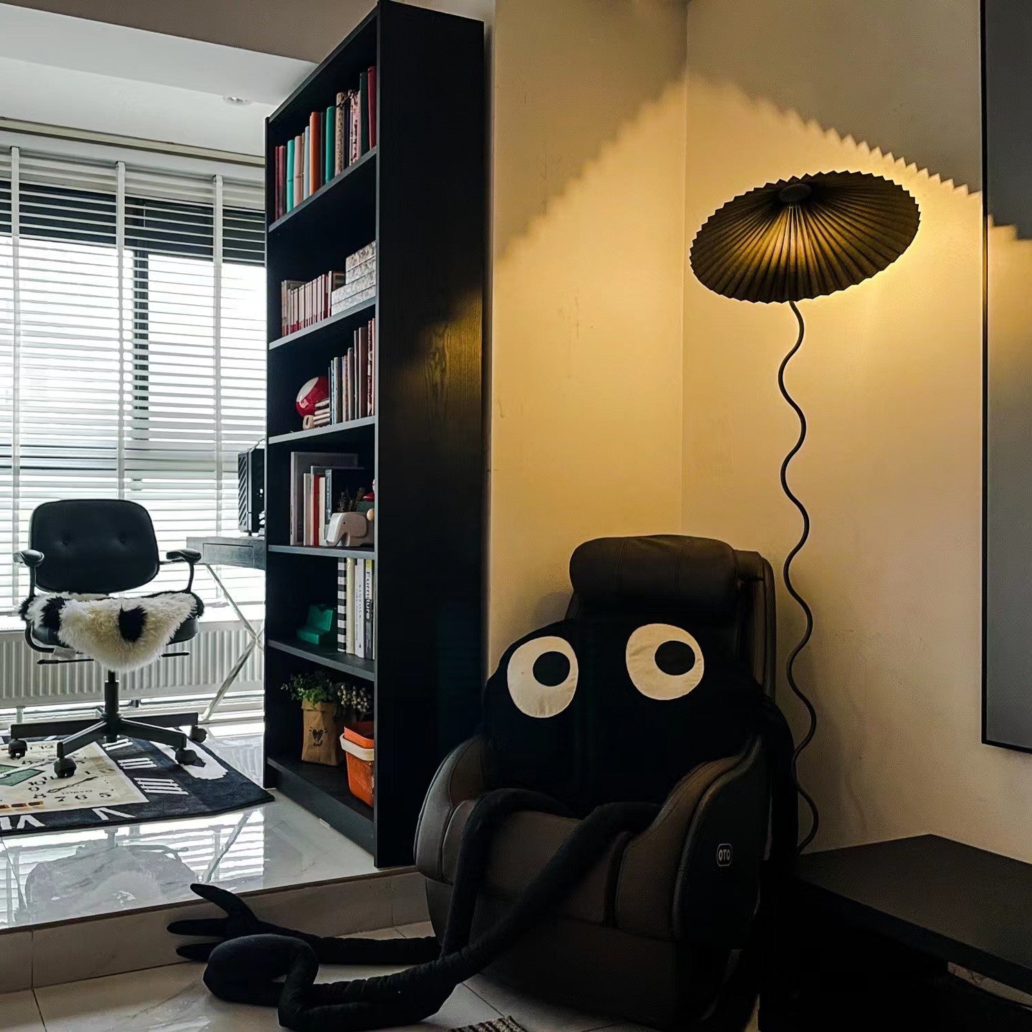 Modern Wavy Squiggle Tall Floor Lamp with Pleated Fabric Shade and Metal Base