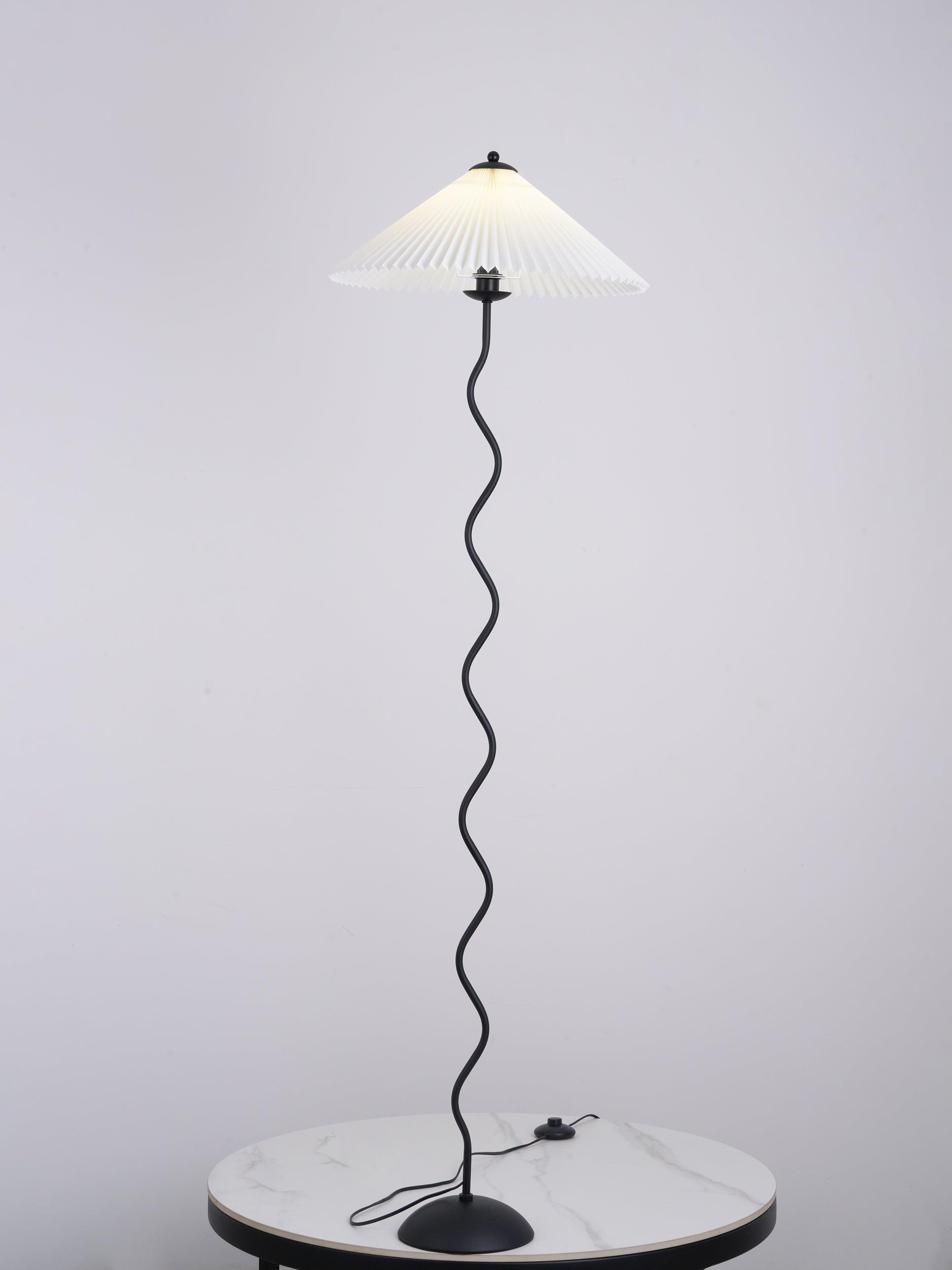 Modern Wavy Squiggle Tall Floor Lamp with Pleated Fabric Shade and Metal Base