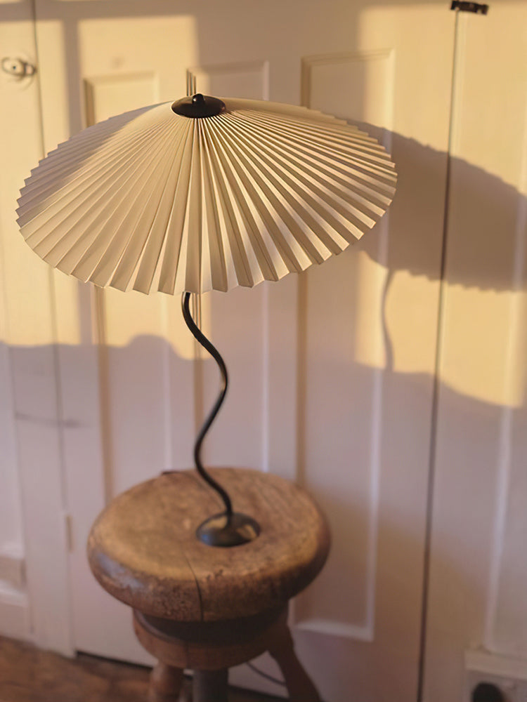 Modern Pleated Fabric Table Lamp with Nordic Wavy Metal Stem for Bedroom Living Room